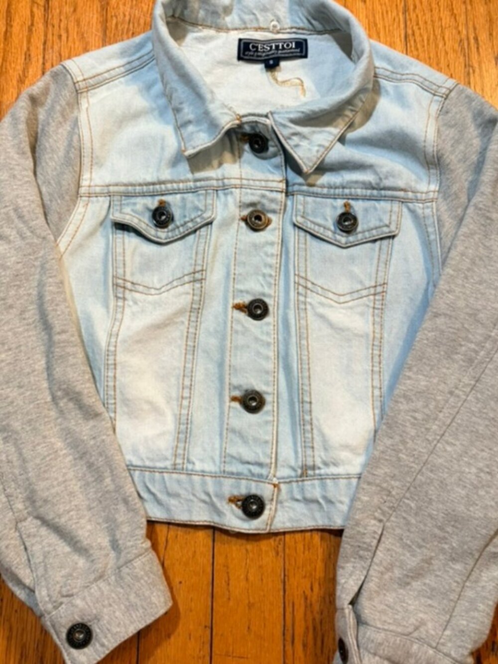 C’ESTTOI Cropped Denim Jacket Knit Sleeve Y2K Streetwear Small - Picture 3 of 11
